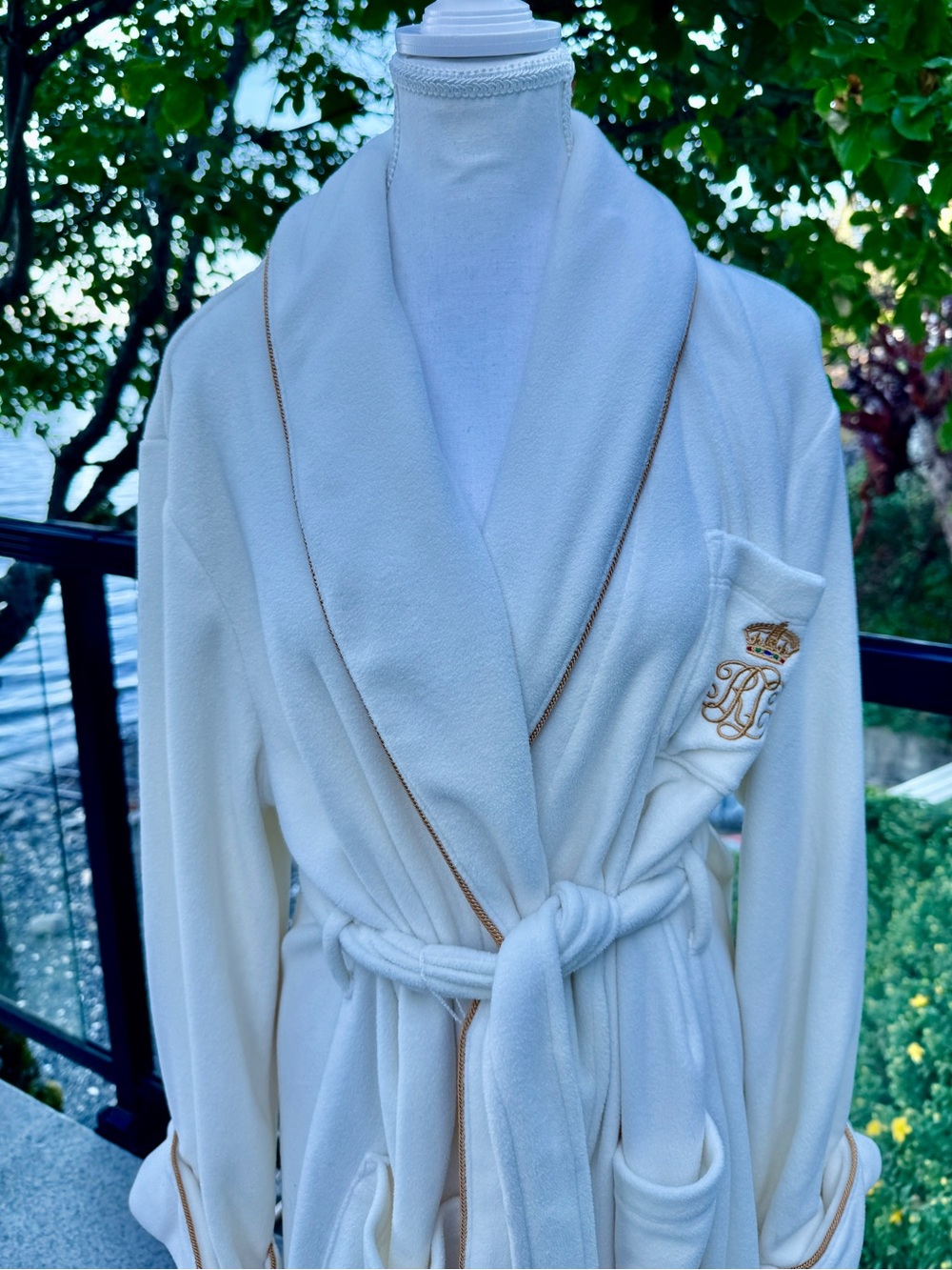 Lauren Ralph Lauren NWT Cream w Gold Trim Microfleece Monogrammed Robe XL - Picture 5 of 12